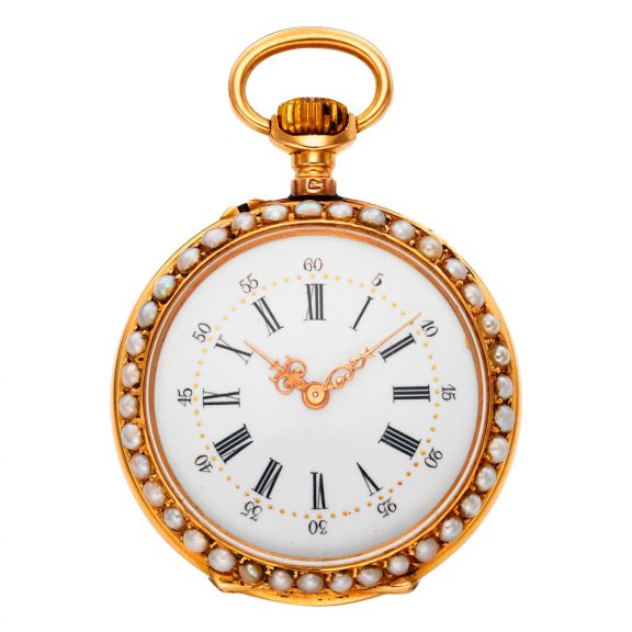 Swiss gold, enamel and pearl set open faced watch Circa 1900 Swiss gold, enamel and pearl set open faced watch Circa 1900