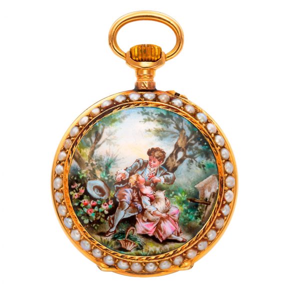 Swiss 18K rose gold, enamel and pearl set cylinder watch Circa 1920