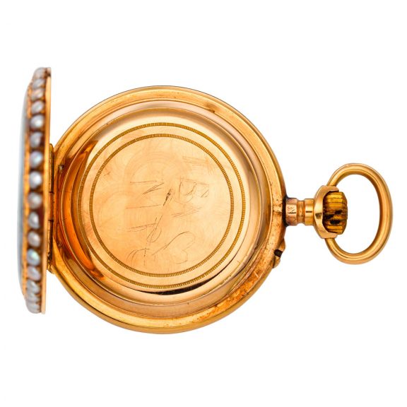 Swiss 18K rose gold, enamel and pearl set cylinder watch Circa 1920 Swiss 18K rose gold, enamel and pearl set cylinder watch Circa 1920
