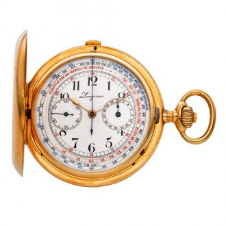 Swiss gold hunting cased lever chronograph with tachymeter Circa 1915 Swiss gold hunting cased lever chronograph with tachymeter Circa 1915
