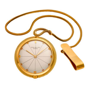 Swiss 18 carat gold open faced pendant watch with chain Circa 1962