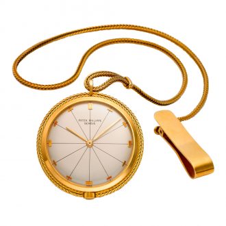 Swiss 18 carat gold open faced pendant watch with chain Circa 1962