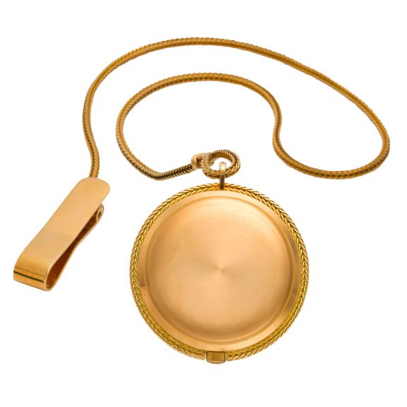 Swiss 18 carat gold open faced pendant watch with chain Circa 1962 Swiss 18 carat gold open faced pendant watch with chain Circa 1962