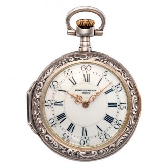 Swiss silver Louis XV style lever watch with chain Circa 1892