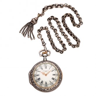 Swiss silver Louis XV style lever watch with chain Circa 1892