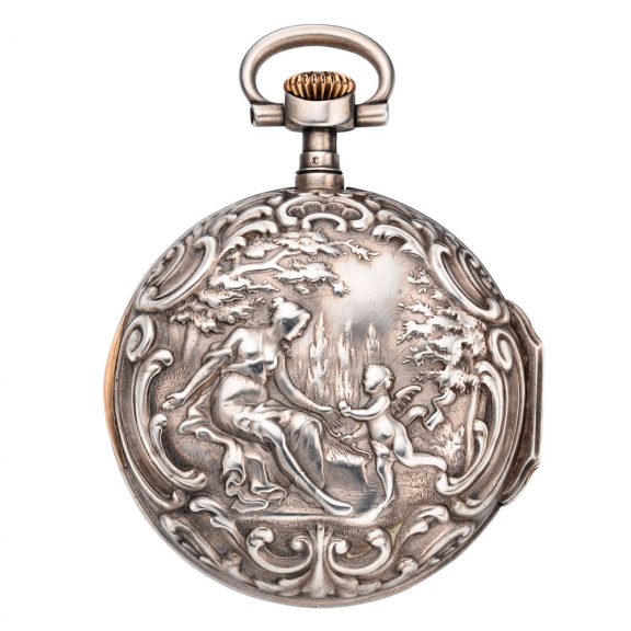 Swiss silver Louis XV style lever watch with chain Circa 1892