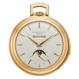 Swiss 18K gold repeating lever with linear calendar Circa 1959