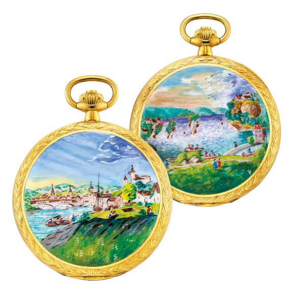 Fine Swiss 18K gold and enamel hunting cased lever Circa 1990 Fine Swiss 18K gold and enamel hunting cased lever Circa 1990