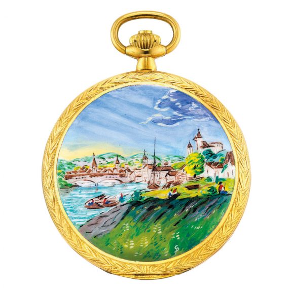 Fine Swiss 18K gold and enamel hunting cased lever Circa 1990