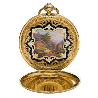 Very fine Swiss 18K gold and enamel open faced verge Circa 1848