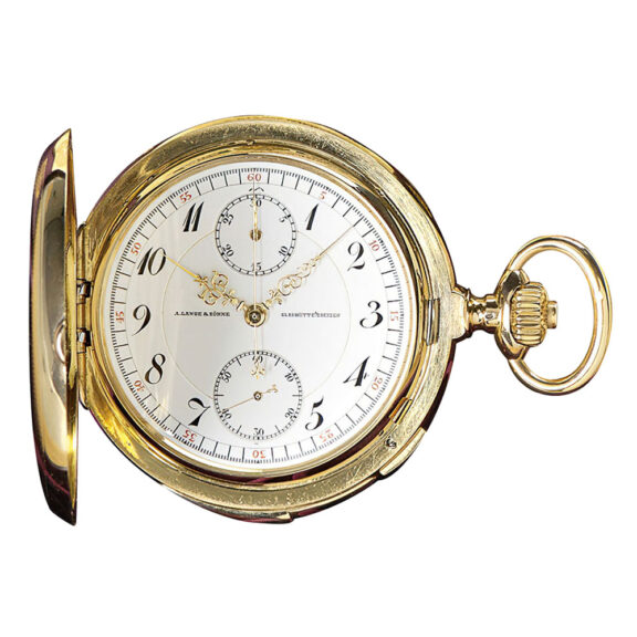 German 18 carat gold hunting cased quarter repeating quality 1A lever chronograph pocket watch with a 30-minute counter, circa 1912