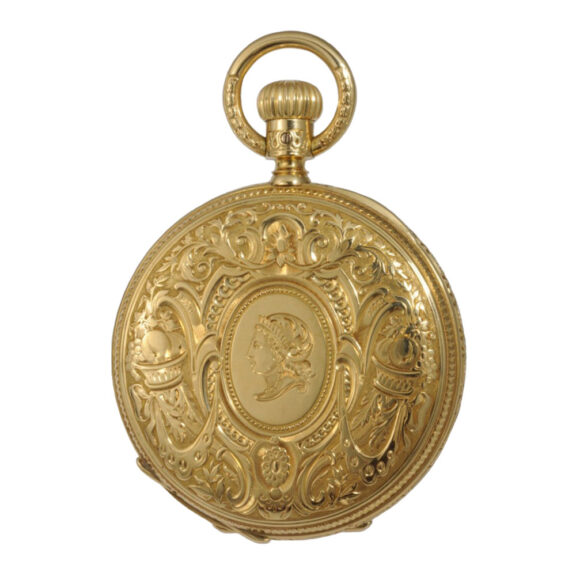 Decorative German 18K gold hunting cased lever Circa 1879 Decorative German 18K gold hunting cased lever Circa 1879