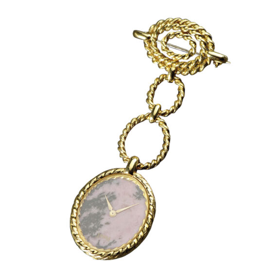 Elegant Swiss gold lever pendant watch with brooch Circa 1970