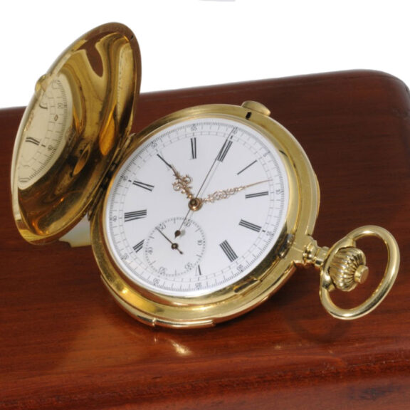 Swiss gold hunting cased repeating chronograph Circa 1880 Swiss gold hunting cased repeating chronograph Circa 1880
