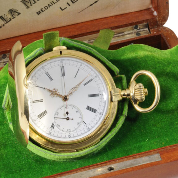 Swiss gold hunting cased repeating chronograph Circa 1880 Swiss gold hunting cased repeating chronograph Circa 1880