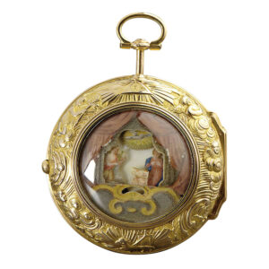 Swiss 18K gold repoussé verge with automaton scene Circa 1700