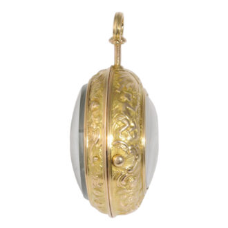 Swiss 18K gold repoussé verge with automaton scene Circa 1700