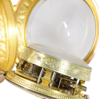 Swiss 18K gold repoussé verge with automaton scene Circa 1700