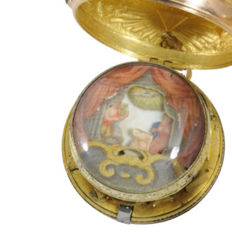 Swiss 18K gold repoussé verge with automaton scene Circa 1700