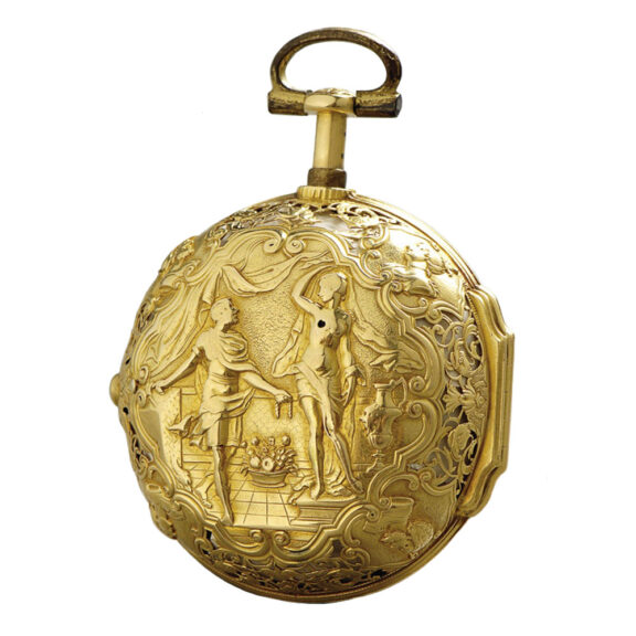 English gold pair-cased repeating repoussé verge Circa 1720 English gold pair-cased repeating repoussé verge Circa 1720