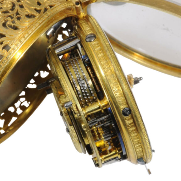 English gold pair-cased repeating repoussé verge Circa 1720 English gold pair-cased repeating repoussé verge Circa 1720