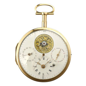 German centre seconds verge with calendar and visible balance Circa 1800