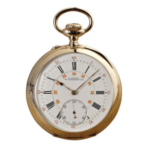 White enamel dial with black Roman hours, outer red Arabic five-minute numerals, inner red Arabic 24-hour markers and subsidiary seconds at 6 o'clock.