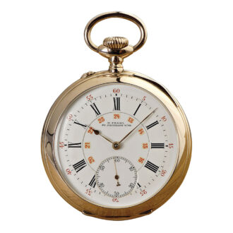 White enamel dial with black Roman hours, outer red Arabic five-minute numerals, inner red Arabic 24-hour markers and subsidiary seconds at 6 o'clock.