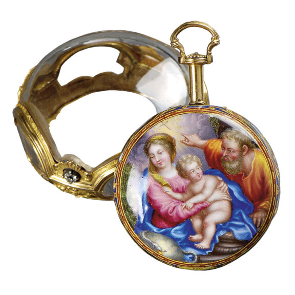 English gold and enamel verge with protective case Circa 1700-1750 English gold and enamel verge with protective case Circa 1700-1750