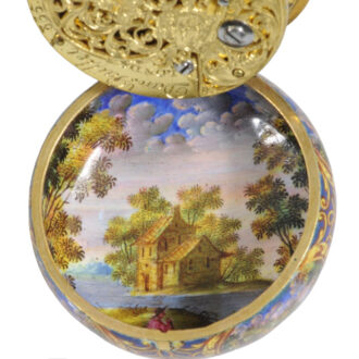 English gold and enamel verge with protective case Circa 1700-1750 English gold and enamel verge with protective case Circa 1700-1750