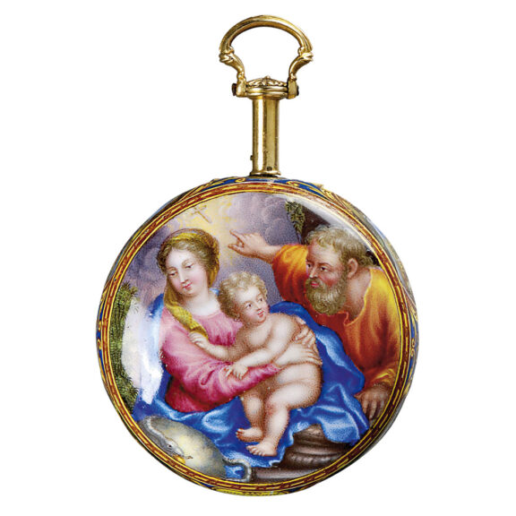 English gold and enamel verge with protective case Circa 1700-1750 English gold and enamel verge with protective case Circa 1700-1750