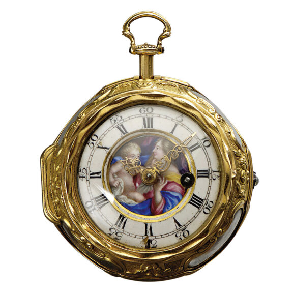 English gold and enamel verge with protective case Circa 1700-1750 English gold and enamel verge with protective case Circa 1700-1750