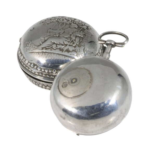 Rare English silver pair-cased repoussé verge watch Circa 1720 Rare English silver pair-cased repoussé verge watch Circa 1720