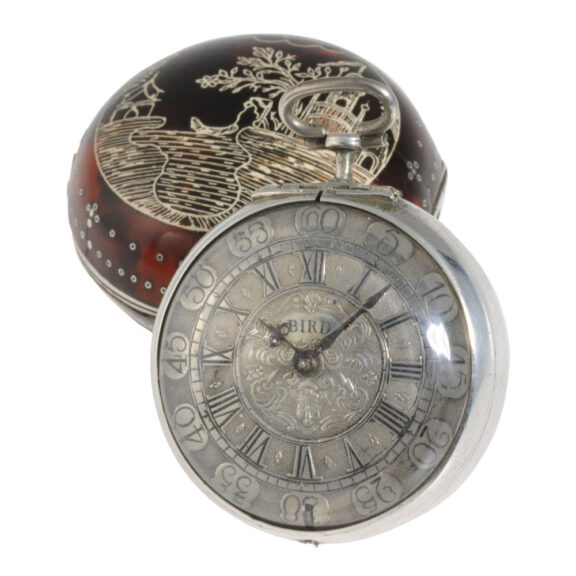 English silver and tortoiseshell pair-cased verge watch Circa 1700 English silver and tortoiseshell pair-cased verge watch Circa 1700