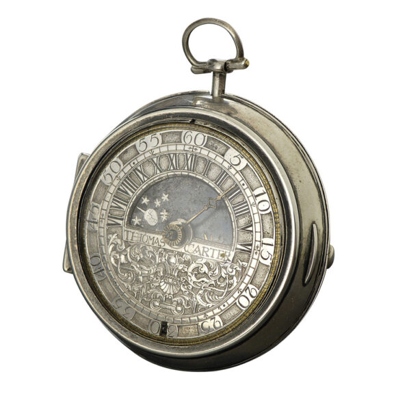 English pair-cased verge clock watch with sun and moon dial Circa 1700
