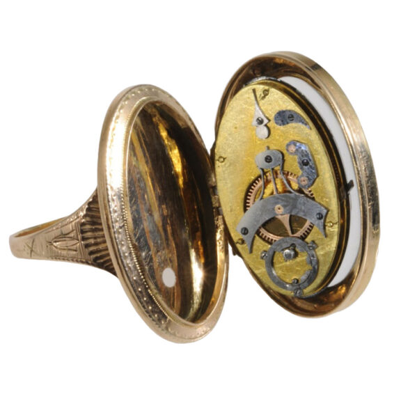 Swiss 22K rose gold oval-shaped skeletonized ring watch Circa 1820 Swiss 22K rose gold oval-shaped skeletonized ring watch Circa 1820