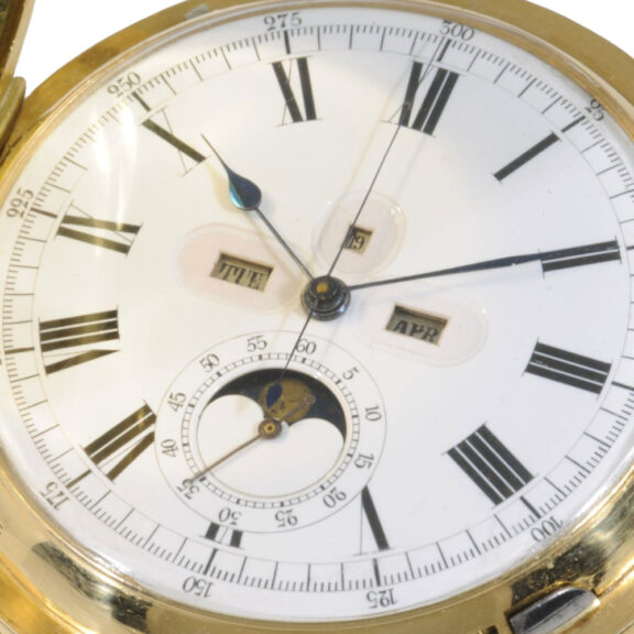 Swiss 18K gold hunting cased complicated watch Circa 1890 Swiss 18K gold hunting cased complicated watch Circa 1890