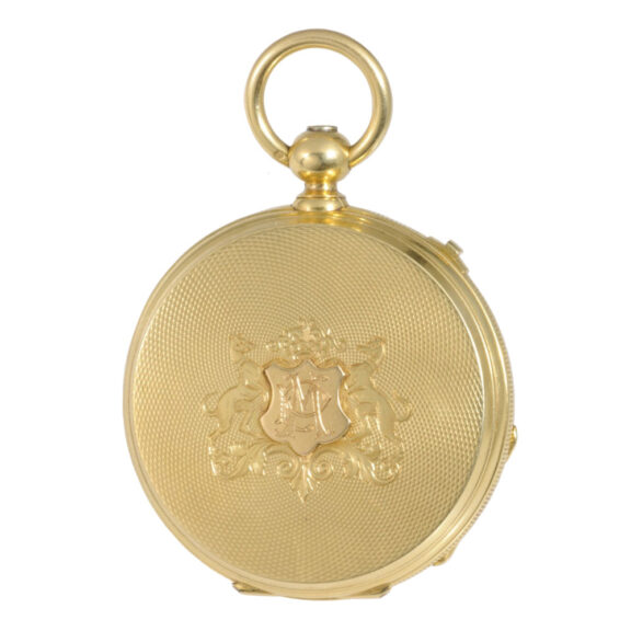 Swiss gold lever with second time zone and seconde morte Circa 1855 Swiss gold lever with second time zone and seconde morte Circa 1855
