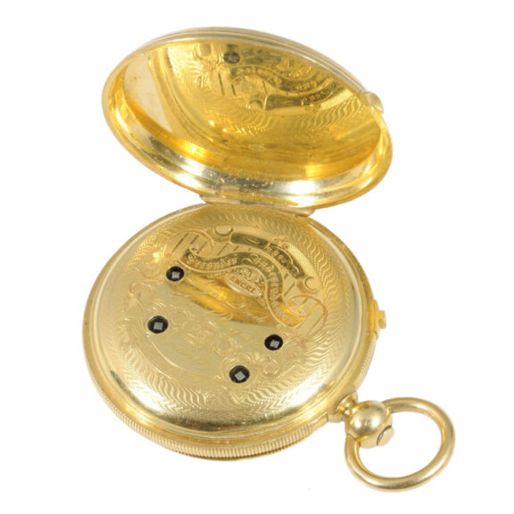 Swiss gold lever with second time zone and seconde morte Circa 1855 Swiss gold lever with second time zone and seconde morte Circa 1855