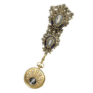 French gold, enamel and pearl-set verge with chatelaine Circa 1810