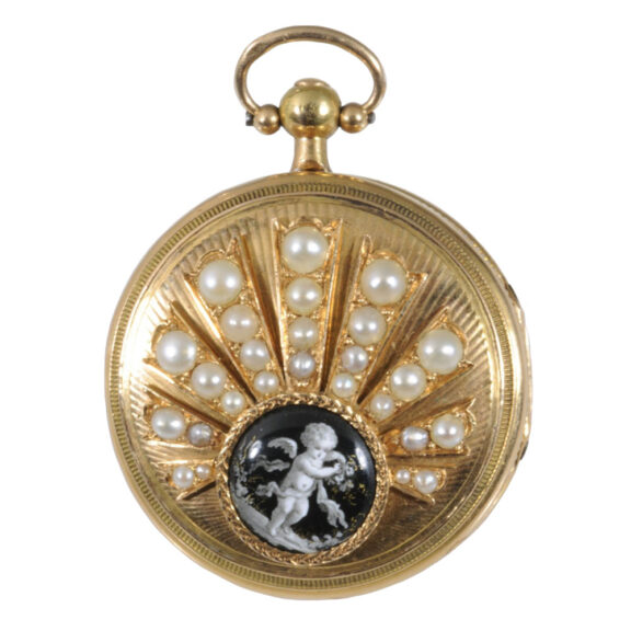 French gold, enamel and pearl-set verge with chatelaine Circa 1810 French gold, enamel and pearl-set verge with chatelaine Circa 1810