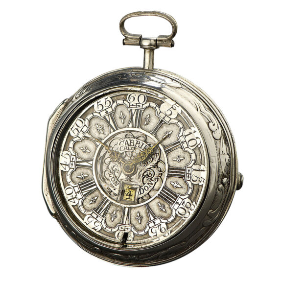 English silver pair-cased verge repoussé watch with date Circa 1690 English silver pair-cased verge repoussé watch with date Circa 1690