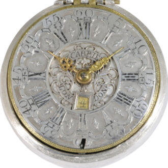 English silver pair-cased verge repoussé watch with date Circa 1690 English silver pair-cased verge repoussé watch with date Circa 1690