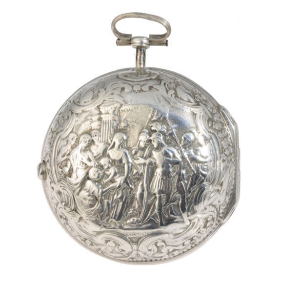 English silver pair-cased verge repoussé watch with date Circa 1690 English silver pair-cased verge repoussé watch with date Circa 1690