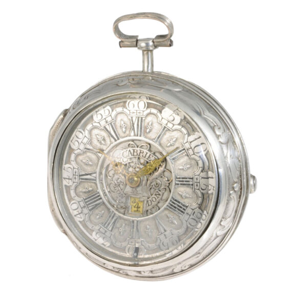 English silver pair-cased verge repoussé watch with date Circa 1690 English silver pair-cased verge repoussé watch with date Circa 1690