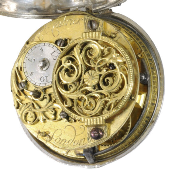 English silver pair-cased verge repoussé watch with date Circa 1690 English silver pair-cased verge repoussé watch with date Circa 1690