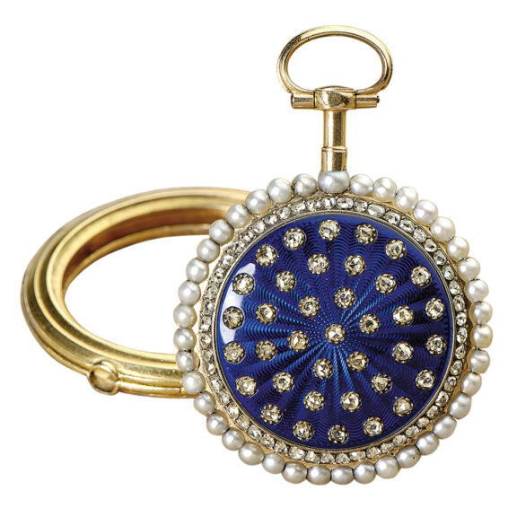 French gold enamel pearl and diamond set cylinder watch Circa 1783 French gold enamel pearl and diamond set cylinder watch Circa 1783