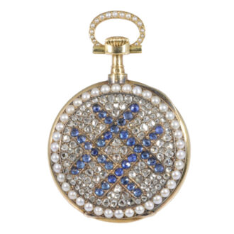 Swiss 18K gold, diamond, sapphire and half-pearl-set lever Circa 1890 Swiss 18K gold, diamond, sapphire and half-pearl-set lever Circa 1890