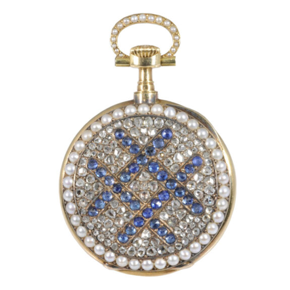Swiss 18K gold, diamond, sapphire and half-pearl-set lever Circa 1890 Swiss 18K gold, diamond, sapphire and half-pearl-set lever Circa 1890