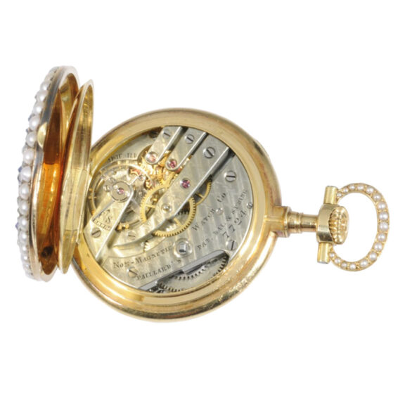 Swiss 18K gold, diamond, sapphire and half-pearl-set lever Circa 1890 Swiss 18K gold, diamond, sapphire and half-pearl-set lever Circa 1890